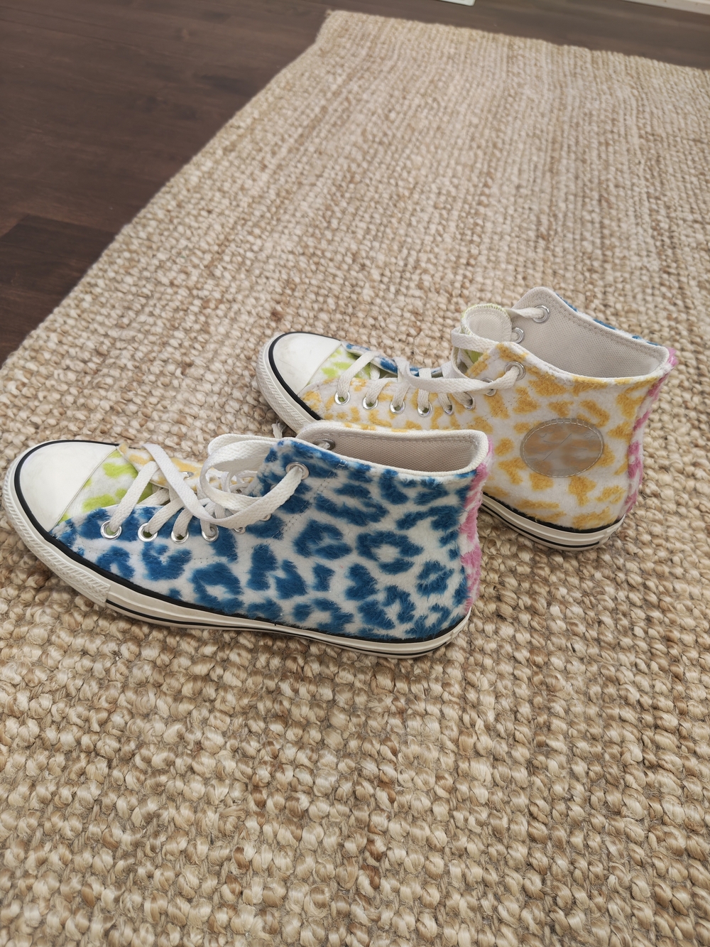 Women's High-Top Sneakers in Blue, Yellow & Pink Leopard Print